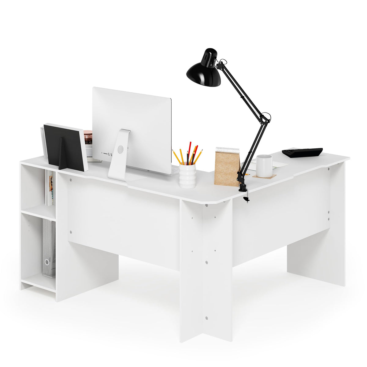 Abbott L-Shape Computer Desk with Bookshelf, French Oak Grey/Black