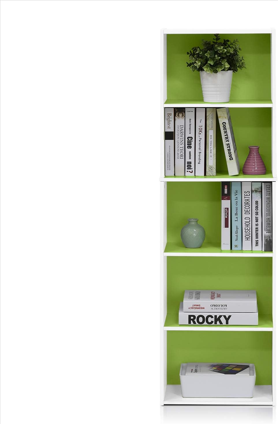 LUDER Book Shelf, 5-Tier Bookshelf, Bookcase with Open Shelves, 9.4 x 15.8 x 52, Easy Assembly, for Living Room, Bedroom, Home Office, White/Green