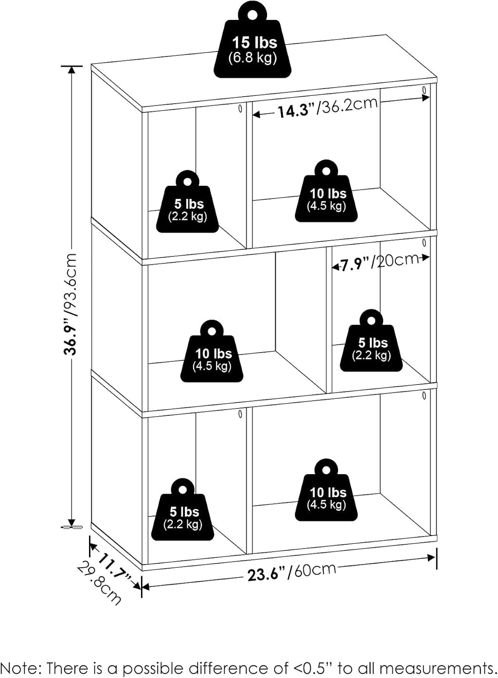 DALY Book Shelf, 6-Cube Bookshelf, Cube Storage Organizer Bookcase with Irregular Compartments, 11.7 x 23.6 x 36.8, for Living Room, Bedroom, Home Office, Espresso