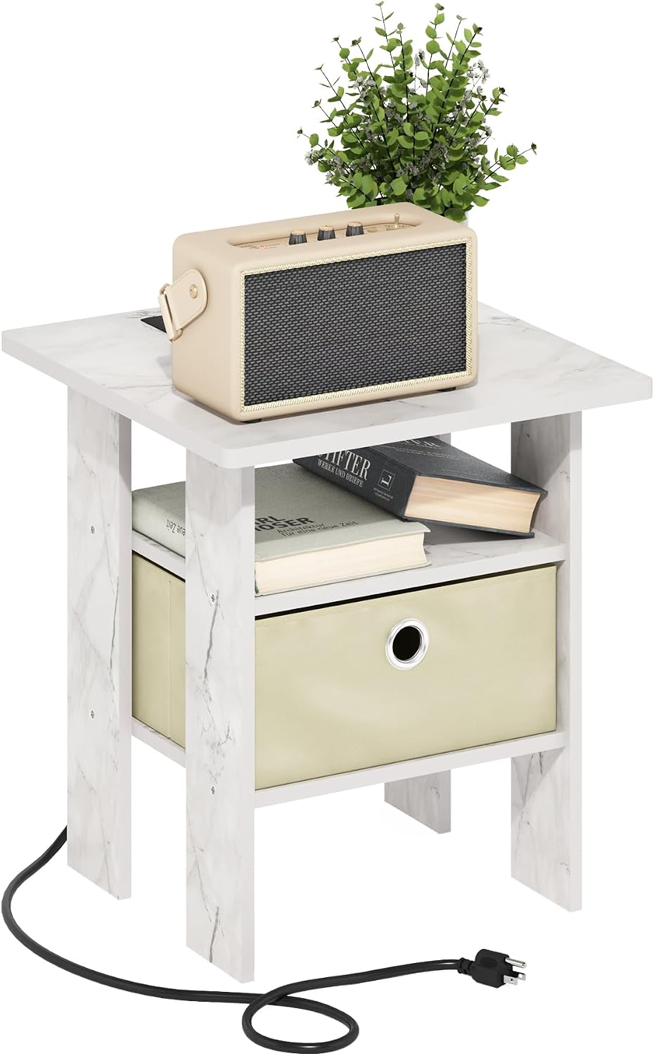 Andrey USB and Type-C Port Charging Station End Table with Storage Bin, 15.55 (W) x 12.56 (H) x 8.5 (D) inches, Marble White/Ivory