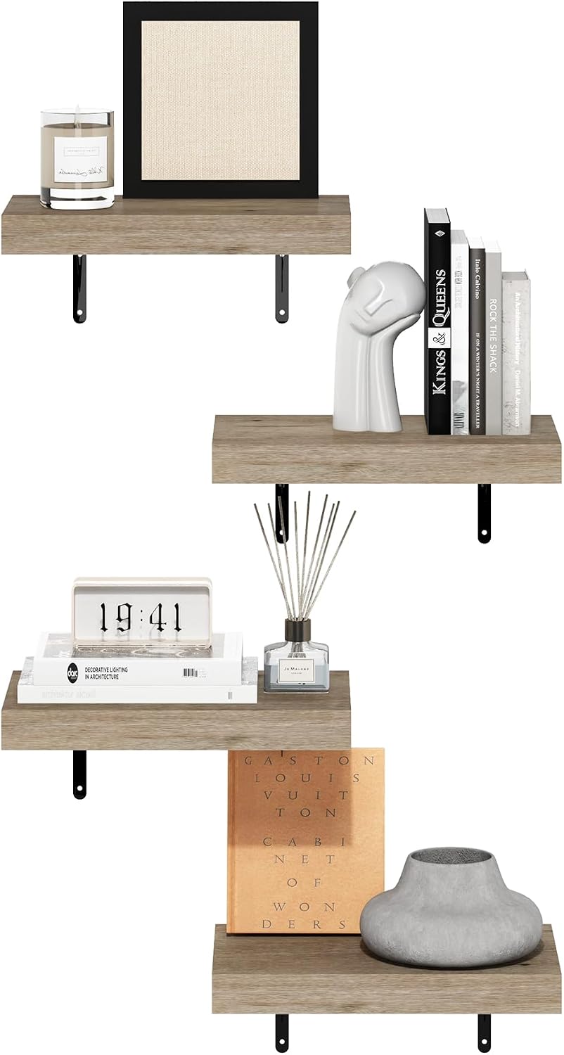 Tanna Floating Shelves for Wall Set of 4, 15-Inch Wall Shelf, Wall Mounted Shelf, for Bathroom, Home Office, Living Room, Natural