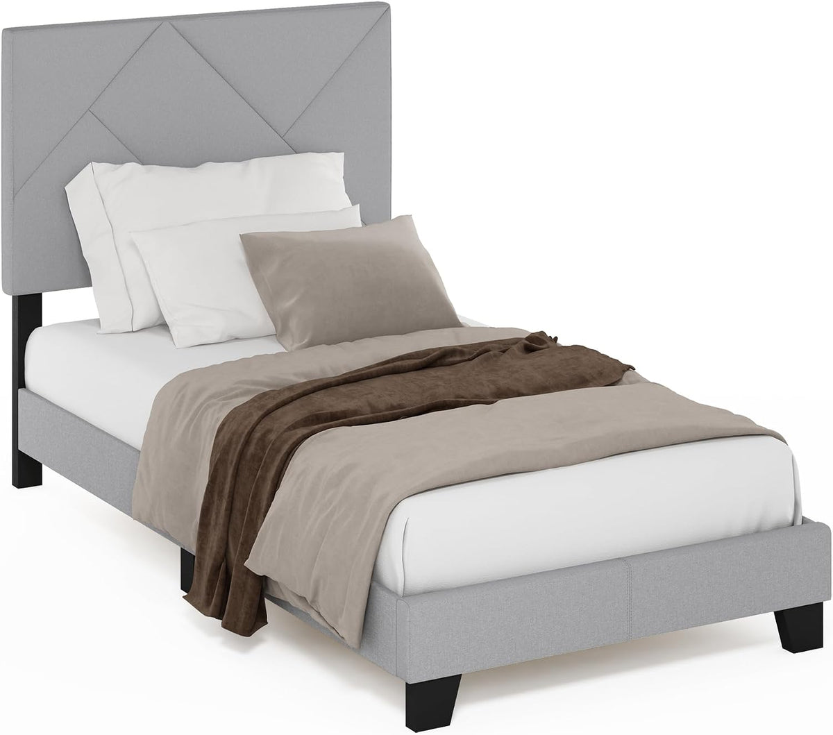 Skylar Bed Frame, Twin Size Bedframe with Geometric Design Upholstered Headboard, Bed with Adjustable Headboard, No Box Spring Needed, 12pcs Wooden Slat Support, for Bedroom, Dorm, Glacier