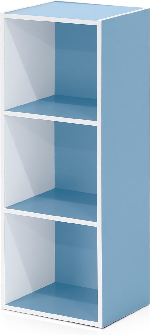 LUDER Book Shelf, 3-Cube Bookshelf, Bookcase with Open Shelves, 9.3 x 12 x 31.5, Easy Assembly, for Living Room, Bedroom, Home Office, White/Light Blue