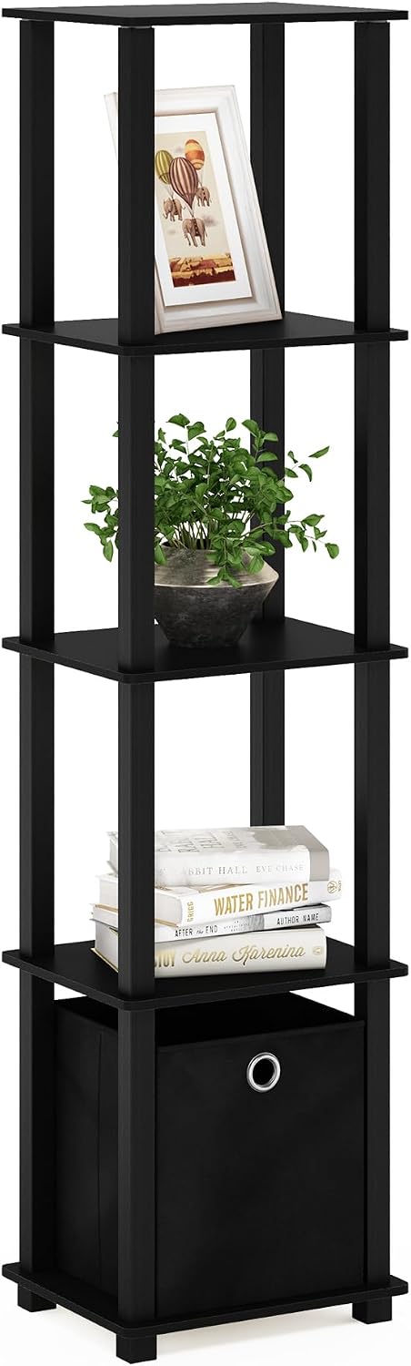 Turn-N-Tube Book Shelf, 5-Tier Square Open Frame Display Shelf, Corner Storage Shelves with Storage Bin, Shelving Unit, for Organization and Storage, Living Room, Garage, Home Office, Black