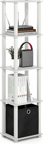 Turn-N-Tube Book Shelf, 5-Tier Square Open Frame Display Shelf, Corner Storage Shelves with Storage Bin, Shelving Unit, for Organization, Living Room, Garage, Home Office, White