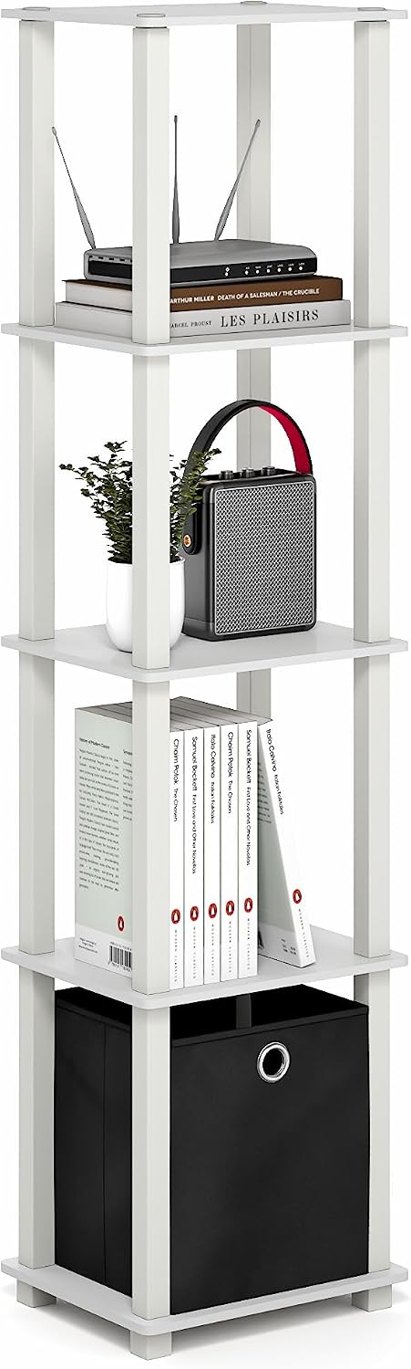 Turn-N-Tube Book Shelf, 5-Tier Square Open Frame Display Shelf, Corner Storage Shelves with Storage Bin, Shelving Unit, for Organization, Living Room, Garage, Home Office, White