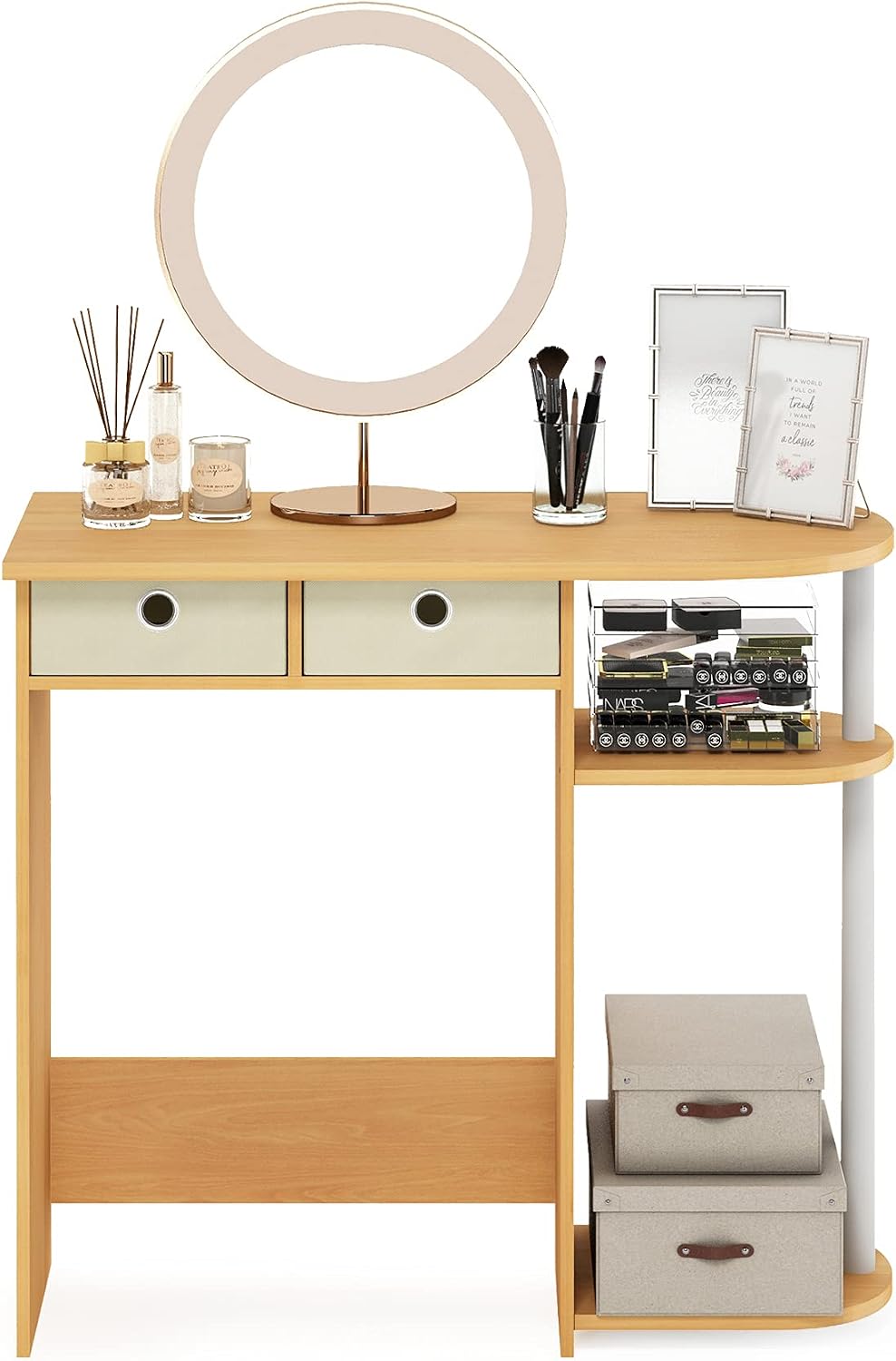 Go Green Desk, 31.5" Wide Gaming Desk with 2 Side Shelves and Storage Bins, Computer Desk, Office Desk for Home Office, Study Room, Dorm, Bedroom, Beech