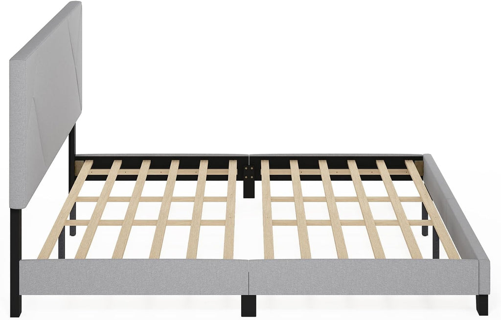 Skylar King Size Bed Frame with Geometric Design Upholstered Headboard, Bedframe with Adjustable Headboard, No Box Spring Needed, 12pcs Wooden Slat Support, for Bedroom, Dorm, Light Grey