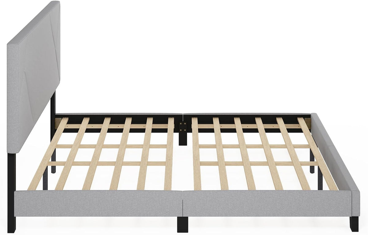 Skylar King Size Bed Frame with Geometric Design Upholstered Headboard, Bedframe with Adjustable Headboard, No Box Spring Needed, 12pcs Wooden Slat Support, for Bedroom, Dorm, Light Grey