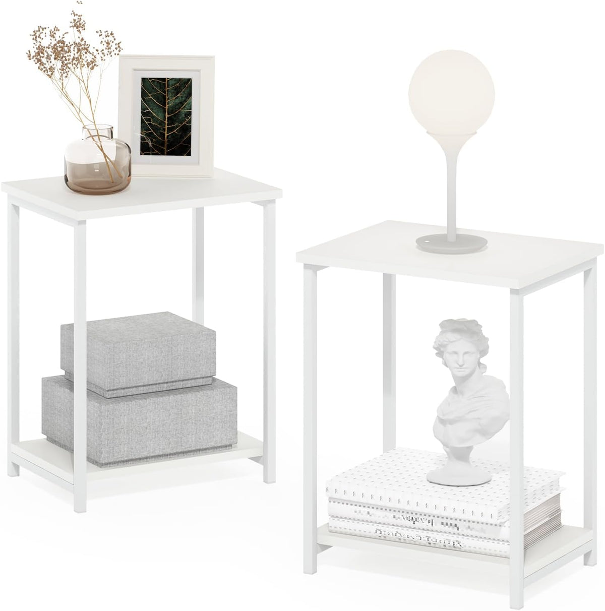 Simplistic Side Table Set of 2, 2-Tier Modern Metal Frame End Table with Open Shelf, Night Stand, Bedside Table, Easy Assembly, for Living Room, Bedroom, White
