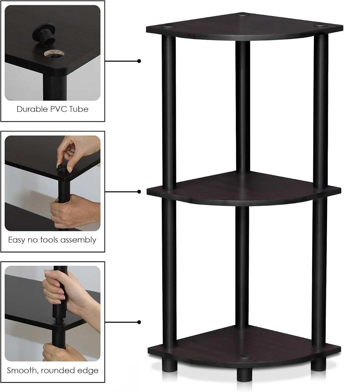 Turn-N-Tube Toolless Assembly 3-Tier Storage Shelves, Dark Walnut
