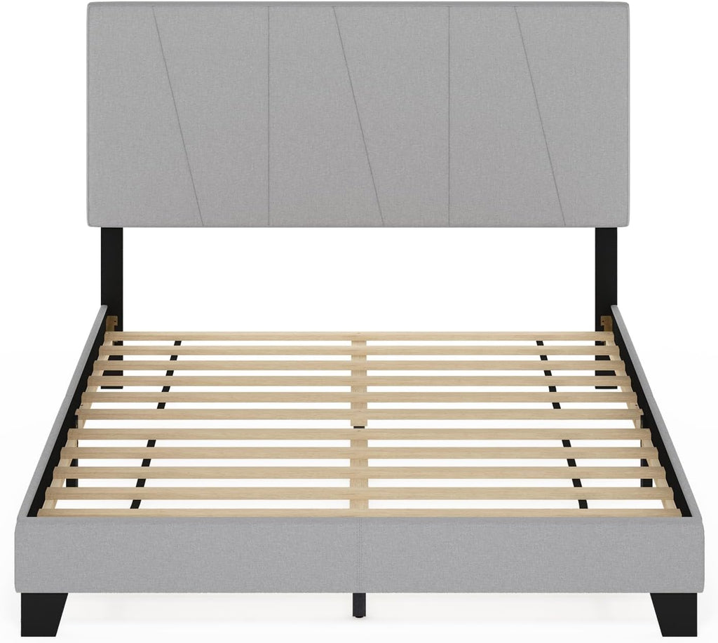 Lucy Bed Frame, Queen Size Bedframe with Geometric Design Upholstered Headboard, Bed with Adjustable Headboard, No Box Spring Needed, 12pcs Wooden Slat Support, for Bedroom, Dorm, Glacier