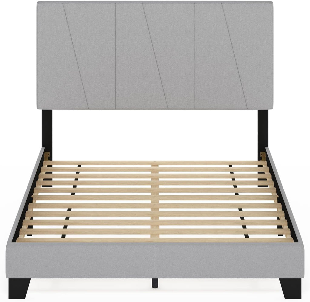 Lucy Bed Frame, Full Size Bedframe with Geometric Design Upholstered Headboard, Bed with Adjustable Headboard, No Box Spring Needed, 12pcs Wooden Slat Support, for Bedroom, Dorm, Glacier