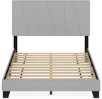 Lucy Full Size Bed Frame with Geometric Design Upholstered Headboard, Bedframe with Adjustable Headboard, No Box Spring Needed, 12pcs Wooden Slat Support, for Bedroom, Dorm, Light Grey