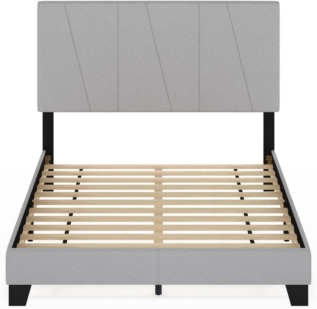 Lucy Full Size Bed Frame with Geometric Design Upholstered Headboard, Bedframe with Adjustable Headboard, No Box Spring Needed, 12pcs Wooden Slat Support, for Bedroom, Dorm, Light Grey