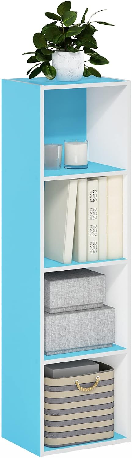 PASIR Book Shelf, 4-Tier Modern Bookshelf, Open Shelves Bookcase 9 x 12 x 42, Easy Assembly, for Living Room, Bedroom, Home Office, Light Blue/White