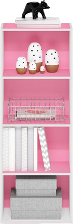 LUDER 4-Tier Book Shelf, Open Shelves Bookshelf, Pink/White