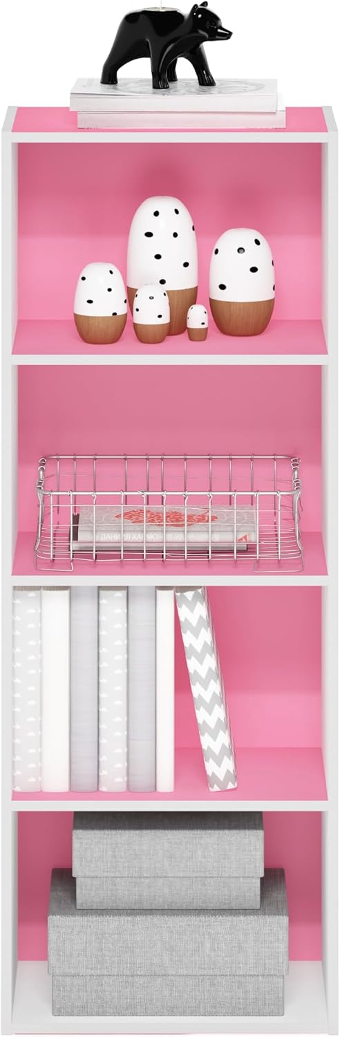 LUDER 4-Tier Book Shelf, Open Shelves Bookshelf, Pink/White