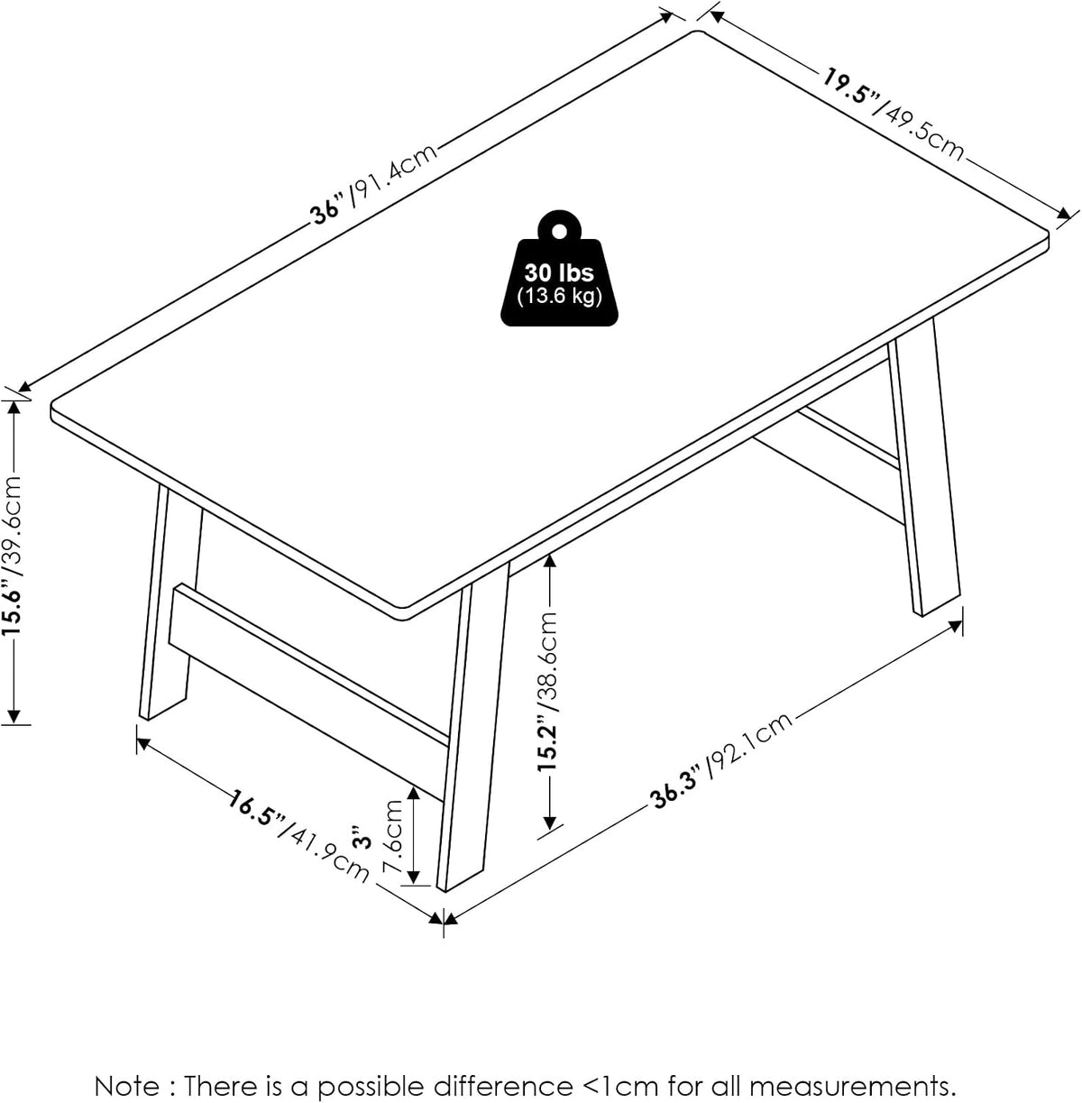 Beginning Coffee Table, Rectangular Modern Center Table with H-Legs, Side Table, Soft Edges, Easy Assembly, for Living Room, Bedroom, Home Office, White