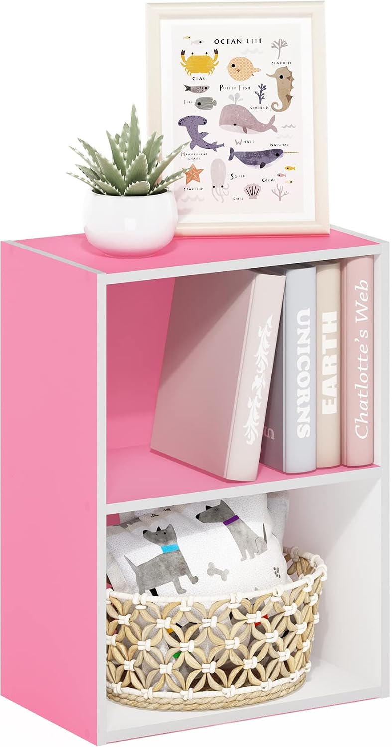 LUDER 2-Tier Book Shelf, Open Shelves Bookshelf, Pink/White