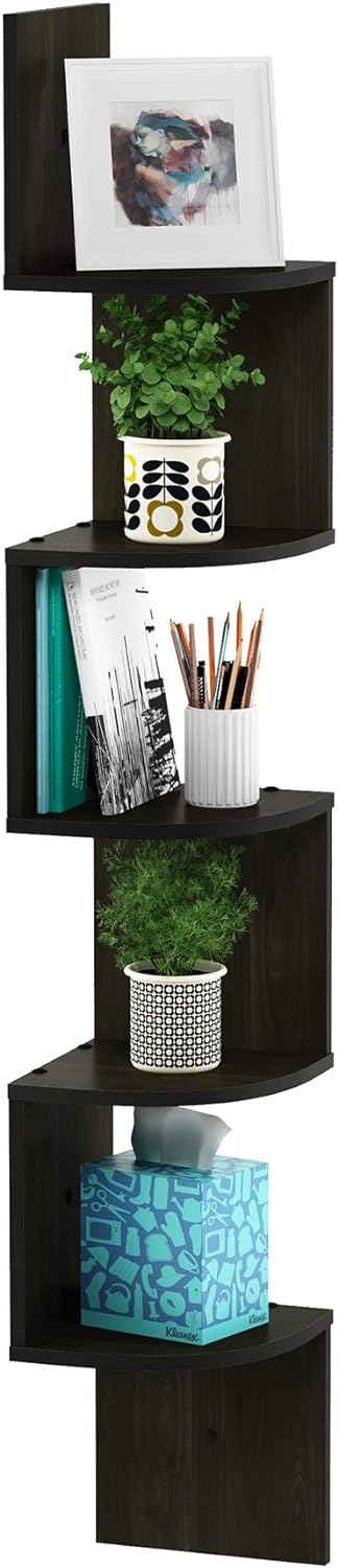 Rossi 5-Tier Corner Floating Book Shelves for Wall, Espresso