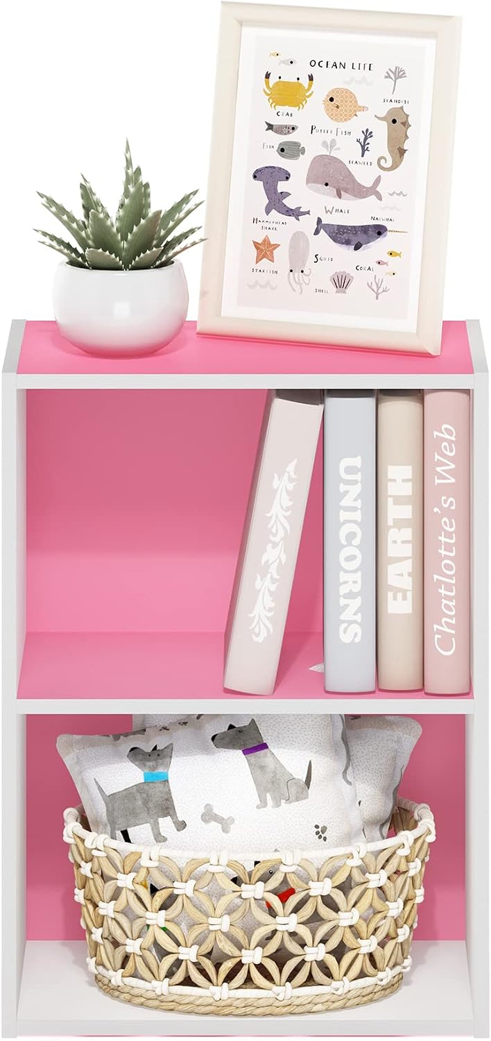 LUDER 2-Tier Book Shelf, Open Shelves Bookshelf, Pink/White