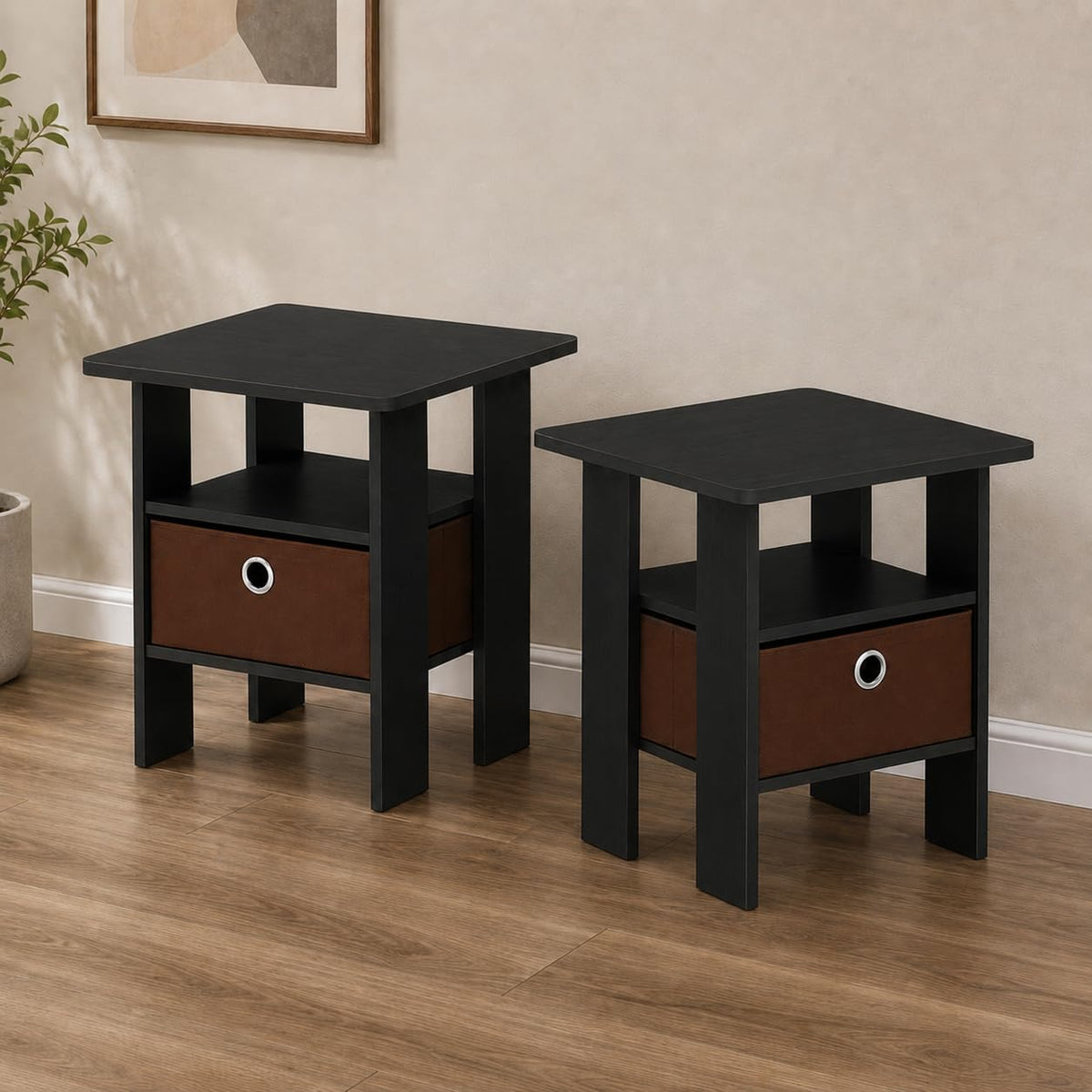 Andrey Set of 2 Side Table with Storage Bin Drawer, Grey Oak