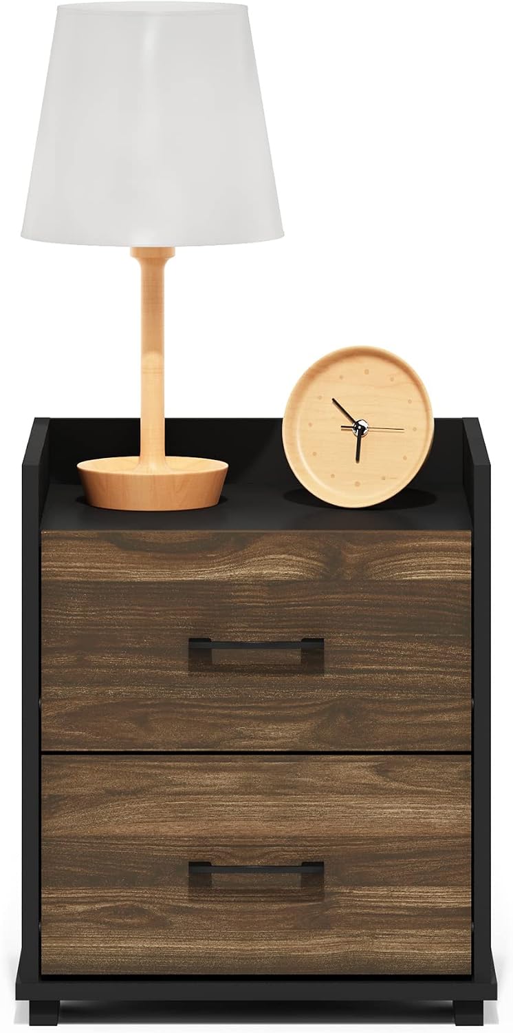 Tidur Night Stand with Drawers, 2 Drawers, Brown Walnut/Black