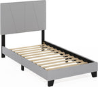 Lucy Bed Frame, Twin Size Bedframe with Geometric Design Upholstered Headboard, Bed with Adjustable Headboard, No Box Spring Needed, 12pcs Wooden Slat Support, for Bedroom, Dorm, Glacier
