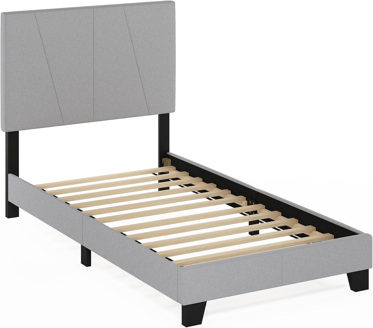 Lucy Twin Size Bed Frame with Geometric Design Upholstered Headboard, Bedframe with Adjustable Headboard, No Box Spring Needed, 12pcs Wooden Slat Support, for Bedroom, Dorm, Light Grey