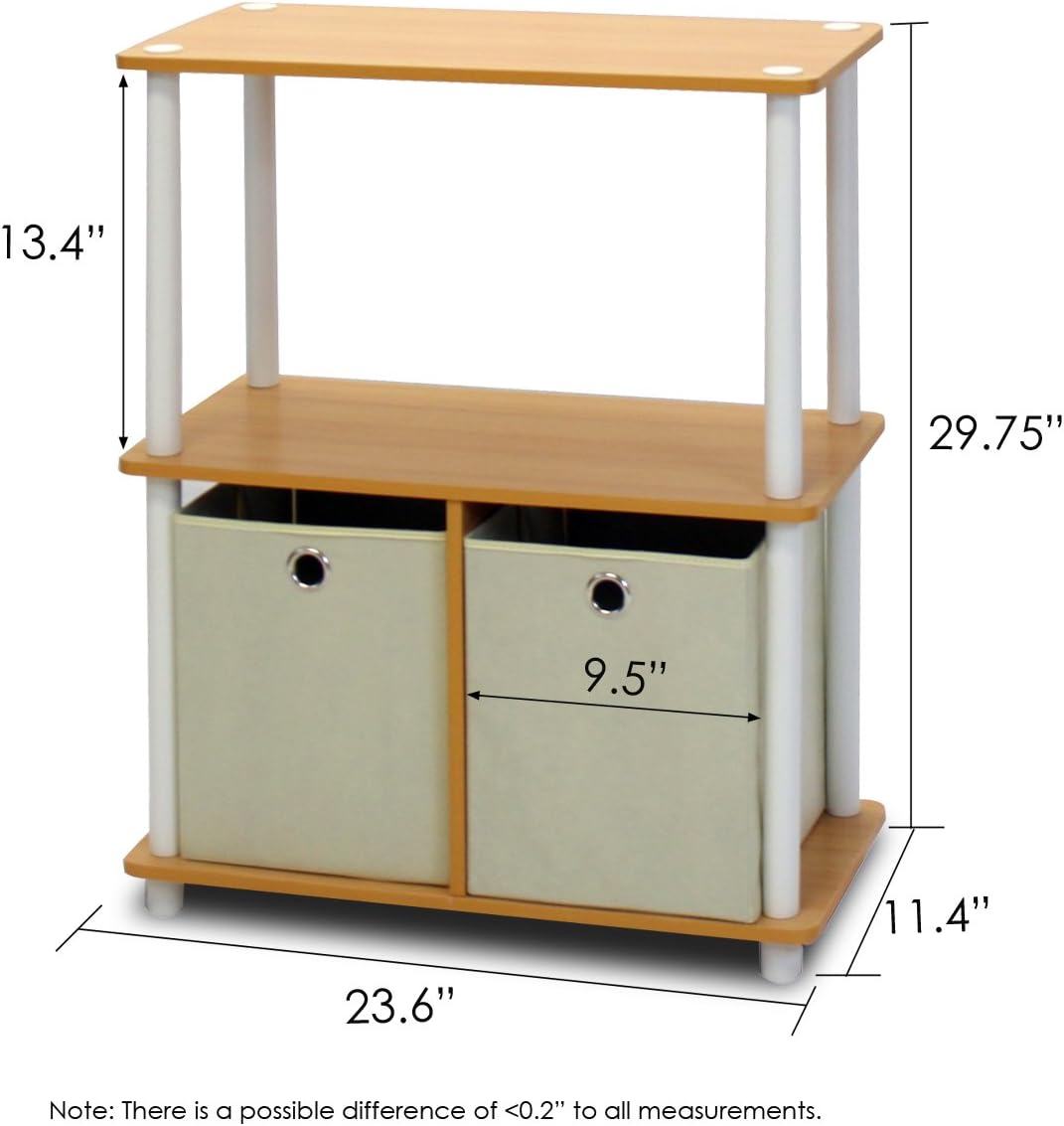 99152BE/WH/IV 3-Tier Go Green Multipurpose Storage Rack Shelving Unit Bookshelf Cabinet with 2 Bins, Beech Finish