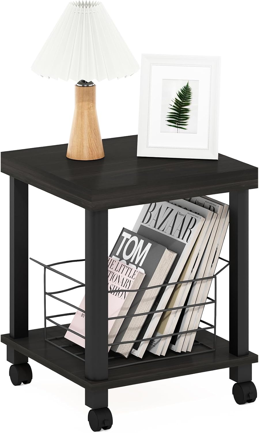Turn-N-Tube Side Table, 2-Tier Thick Tabletop End Table with Wheels, Toolless Assembly Night Stand, Bedside Table with Open Shelf, for Living Room, Bedroom, Espresso