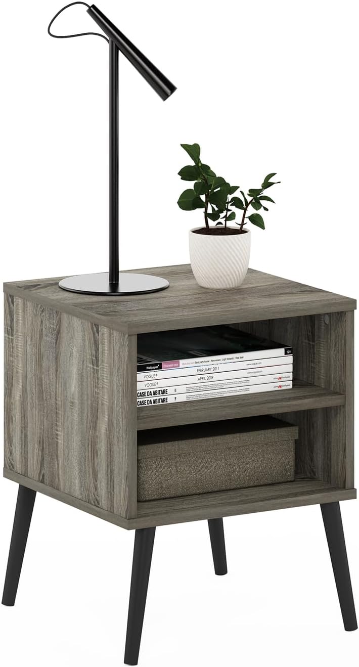 Claude Mid Century Style Nightstand with Wood Legs, 15.55 (D) x 15.55 (W) x 20.16 (H) inches, French Oak Grey