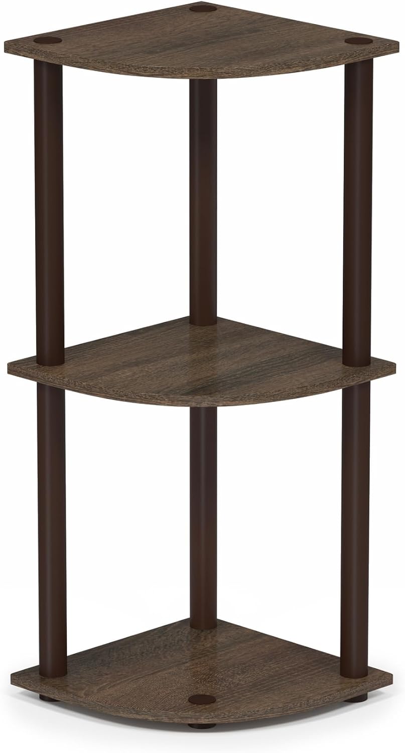 Turn-N-Tube Toolless Assembly 3-Tier Corner Shelf, Black Corner Book Shelf, Open Shelves Bookshelf, for Organization and Storage, Living Room, Home Office, Bedroom, Black Walnut