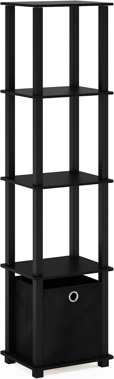 Turn-N-Tube Book Shelf, 5-Tier Square Open Frame Display Shelf, Corner Storage Shelves with Storage Bin, Shelving Unit, for Organization and Storage, Living Room, Garage, Home Office, Black
