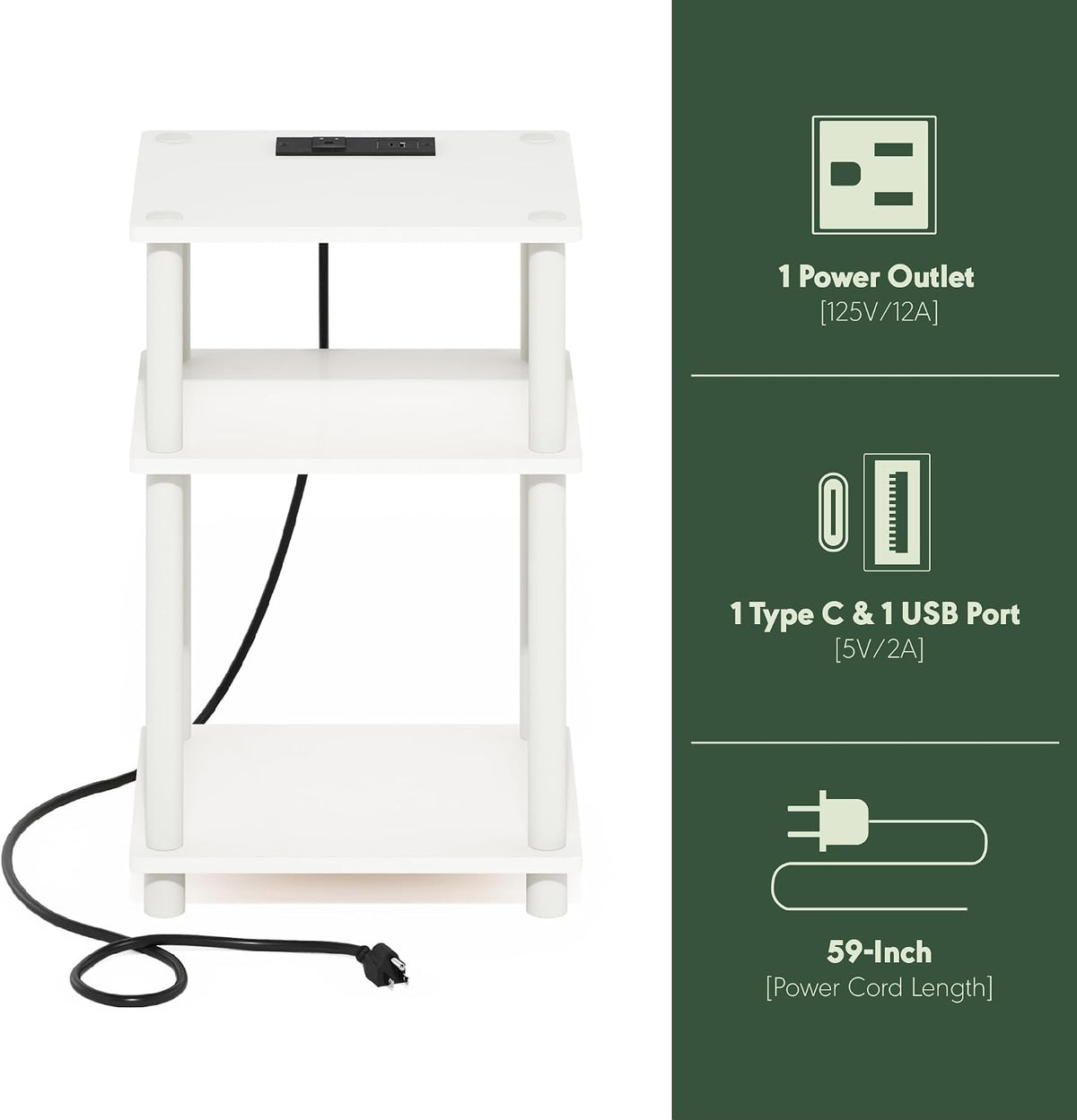 Just 3-Tier Charging Station Side Table, End Table, Plain White
