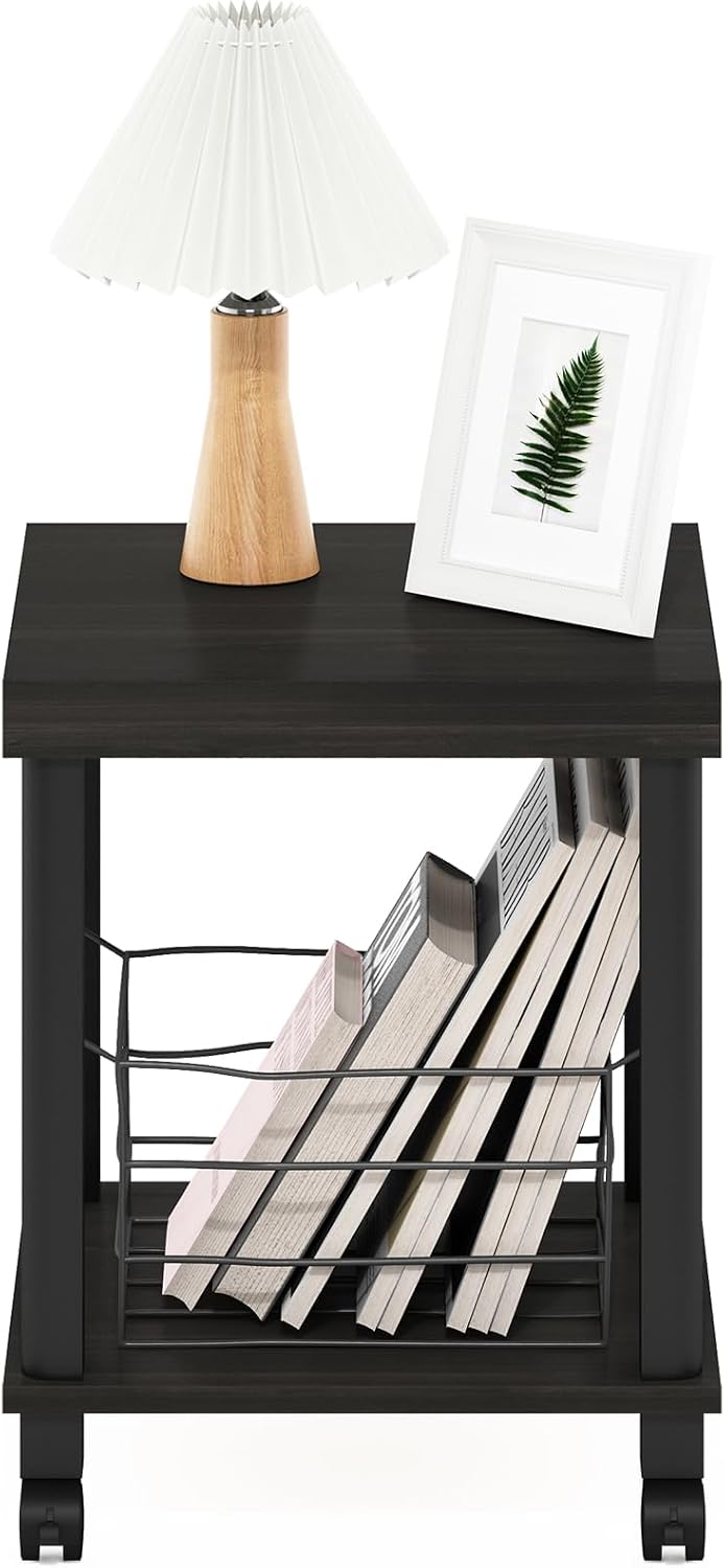 Turn-N-Tube Side Table, 2-Tier Thick Tabletop End Table with Wheels, Toolless Assembly Night Stand, Bedside Table with Open Shelf, for Living Room, Bedroom, Espresso