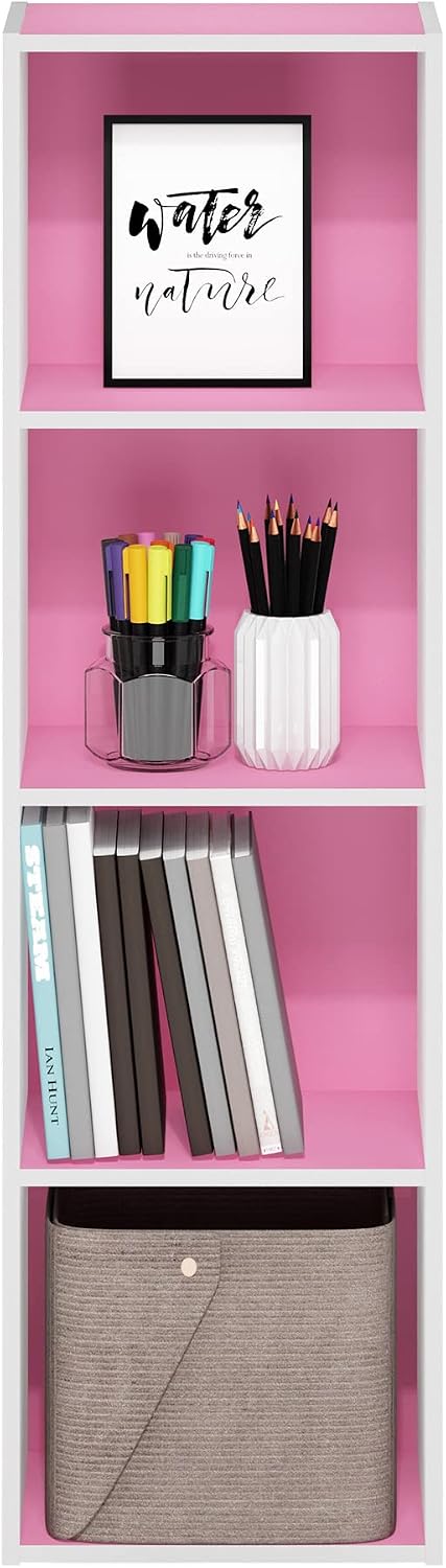 PASIR Book Shelf, 4-Tier Modern Bookshelf, Open Shelves Bookcase 9 x 12 x 42, Easy Assembly, for Living Room, Bedroom, Home Office, Pink/White