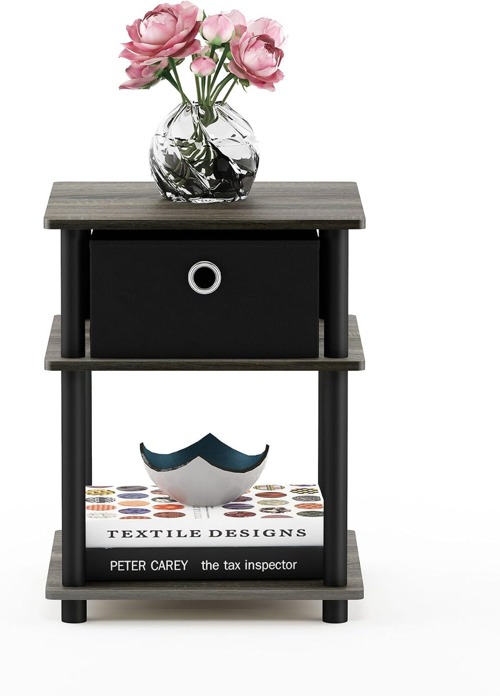 Turn-N-Tube 3-Tier End Table, French Oak Grey/Black/Black,18063GYW/BK/BK