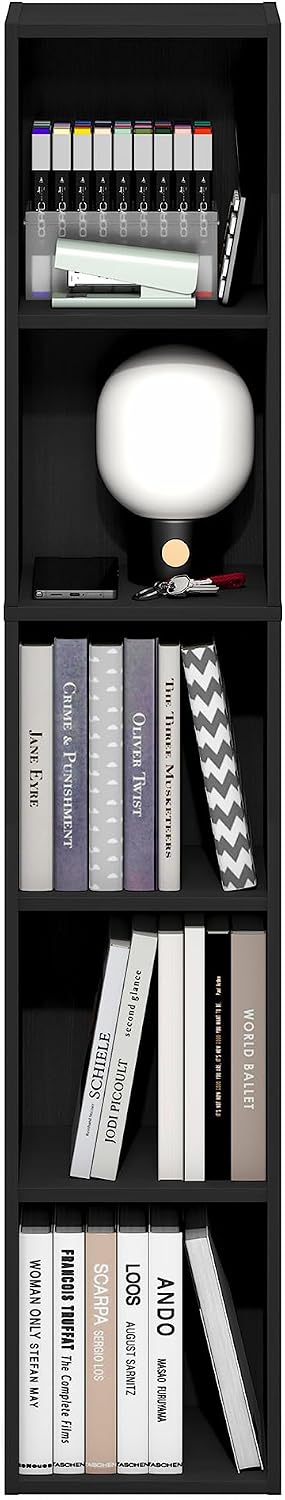 Fulda Book Shelf, 5-Tier Tall Narrow Bookshelf, Standing Bookcase with 10-in Width Storage Shelf, 9.3 x 9.8 x 51.9, for Organization Storage, for Living Room, Bedroom, Home Office, Blackwood