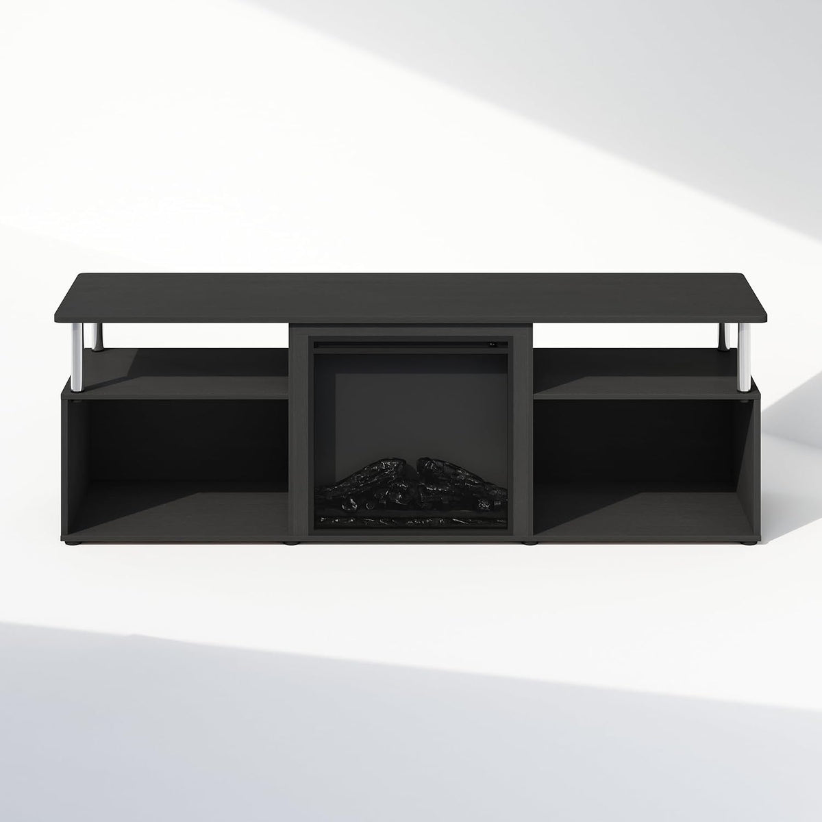 Jensen Fireplace TV Stand, NO Heat Decorative Electric Fireplace TV Stand for TV up to 70 Inch, with Open Storage, for Living Room, Americano/Stainless Steel