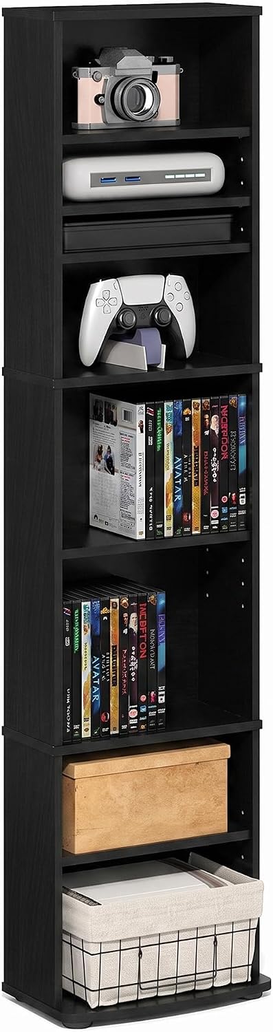 JAYA DVD Shelf, 8-Tier Tall Narrow CD Rack, Media Shelf with Adjustable Shelves, DVD Storage Cabinets for CD Bluray Game Disc, Easy Assembly, for Living Room, Home Office, Espresso