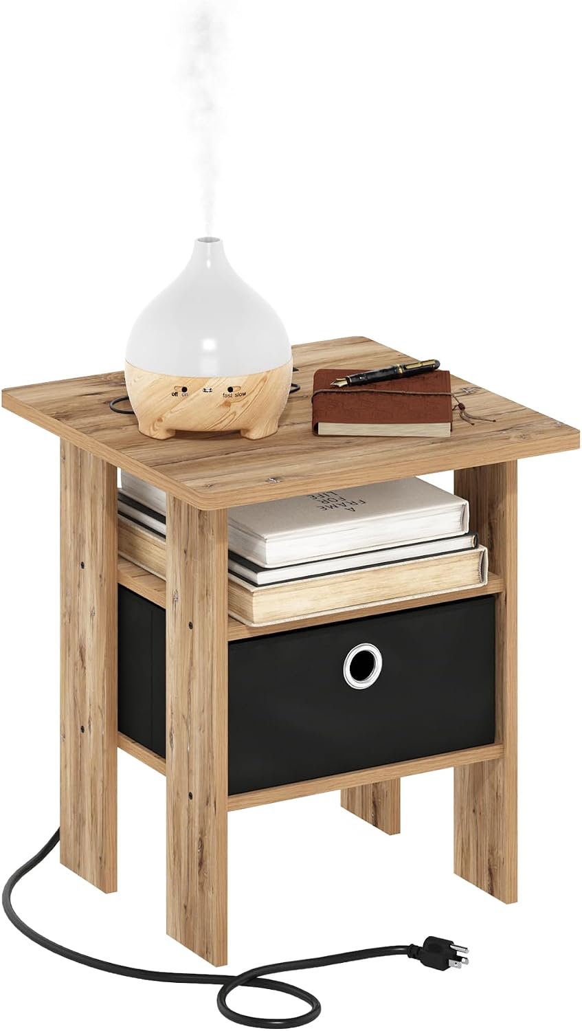 Andrey USB and Type-C Port Charging Station End Table with Storage Bin, 15.55 (W) x 12.56 (H) x 8.5 (D) inches, Flagstaff Oak/Black