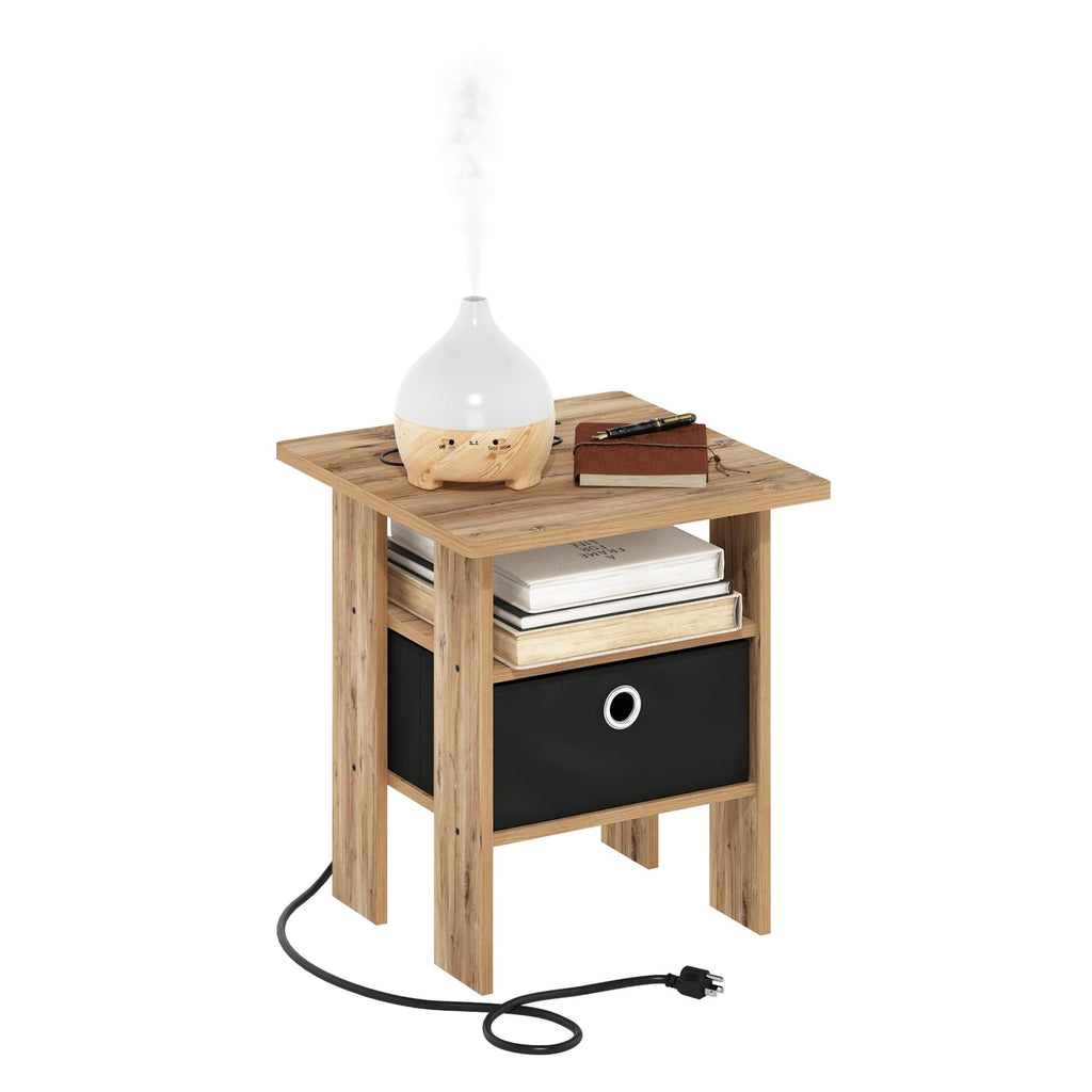 Andrey USB and Type-C Port Charging Station End Table with Storage Bin, 15.55 (W) x 12.56 (H) x 8.5 (D) inches, Flagstaff Oak/Black