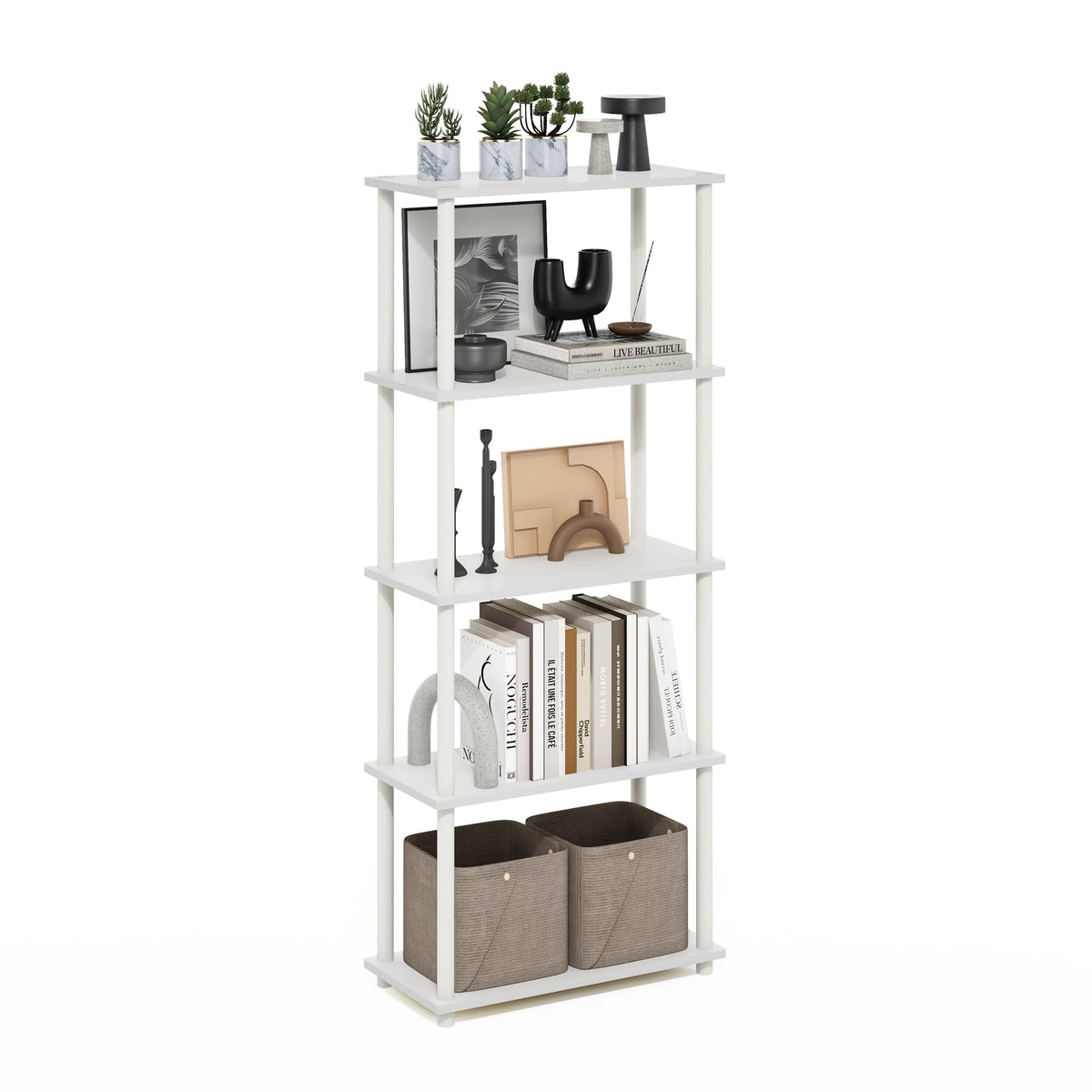 99152BE/WH/IV 3-Tier Go Green Multipurpose Storage Rack Shelving Unit Bookshelf Cabinet with 2 Bins, Beech Finish