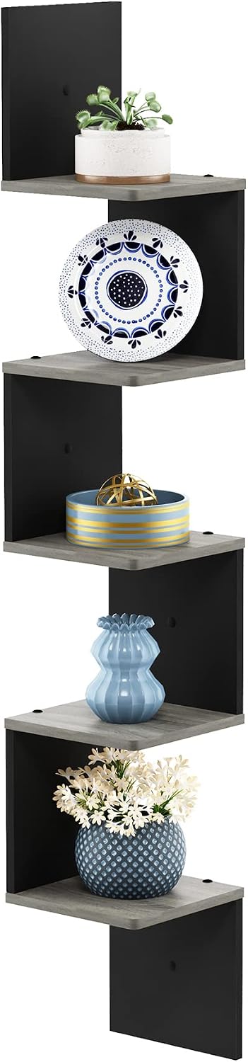 ROSSI Corner Floating Shelves for Wall, 5-Tier Corner Square Wall Shelf, S-shape Radial Floating Book Shelf, Easy Assembly, for Bathroom, Bedroom, Living Room, French Oak