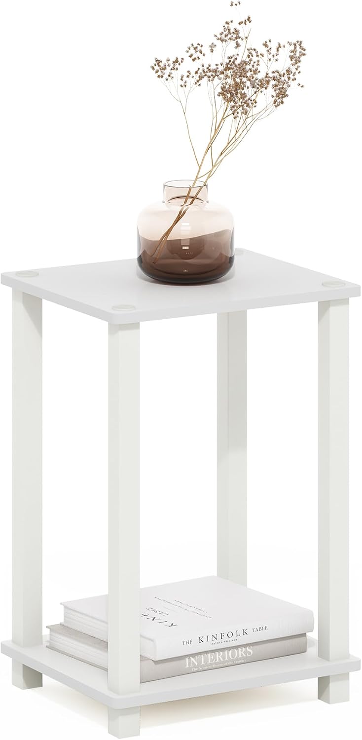 Simplistic Toolless Assembly Side Table, White 2-Tier End Table, Open Shelf Night Stand, Bedside Table for Living Room, Bedroom, Home Office, Plain White/White