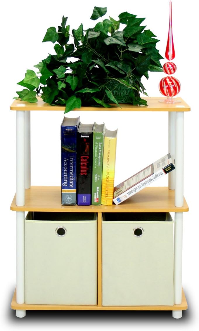 99152BE/WH/IV 3-Tier Go Green Multipurpose Storage Rack Shelving Unit Bookshelf Cabinet with 2 Bins, Beech Finish