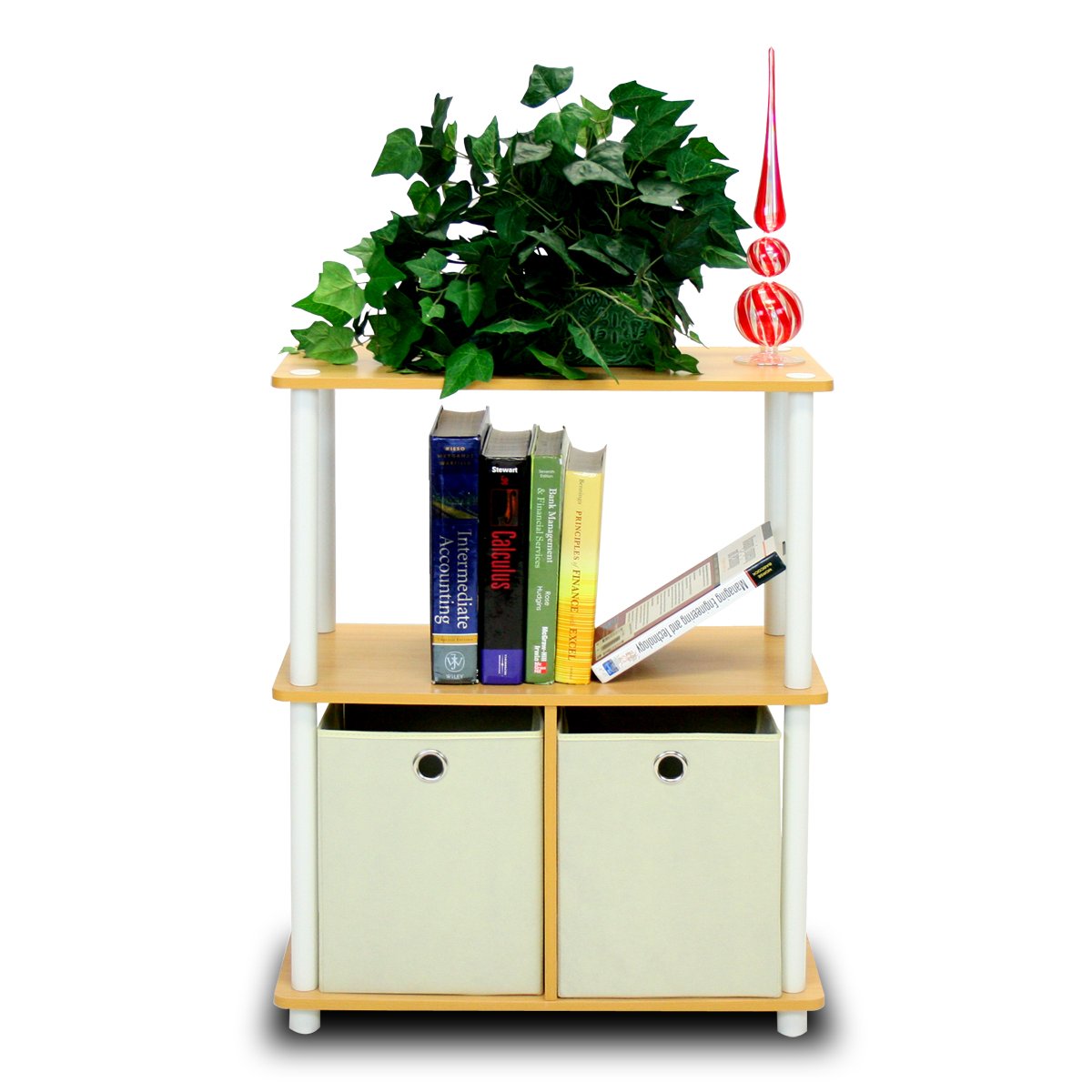 99152BE/WH/IV 3-Tier Go Green Multipurpose Storage Rack Shelving Unit Bookshelf Cabinet with 2 Bins, Beech Finish