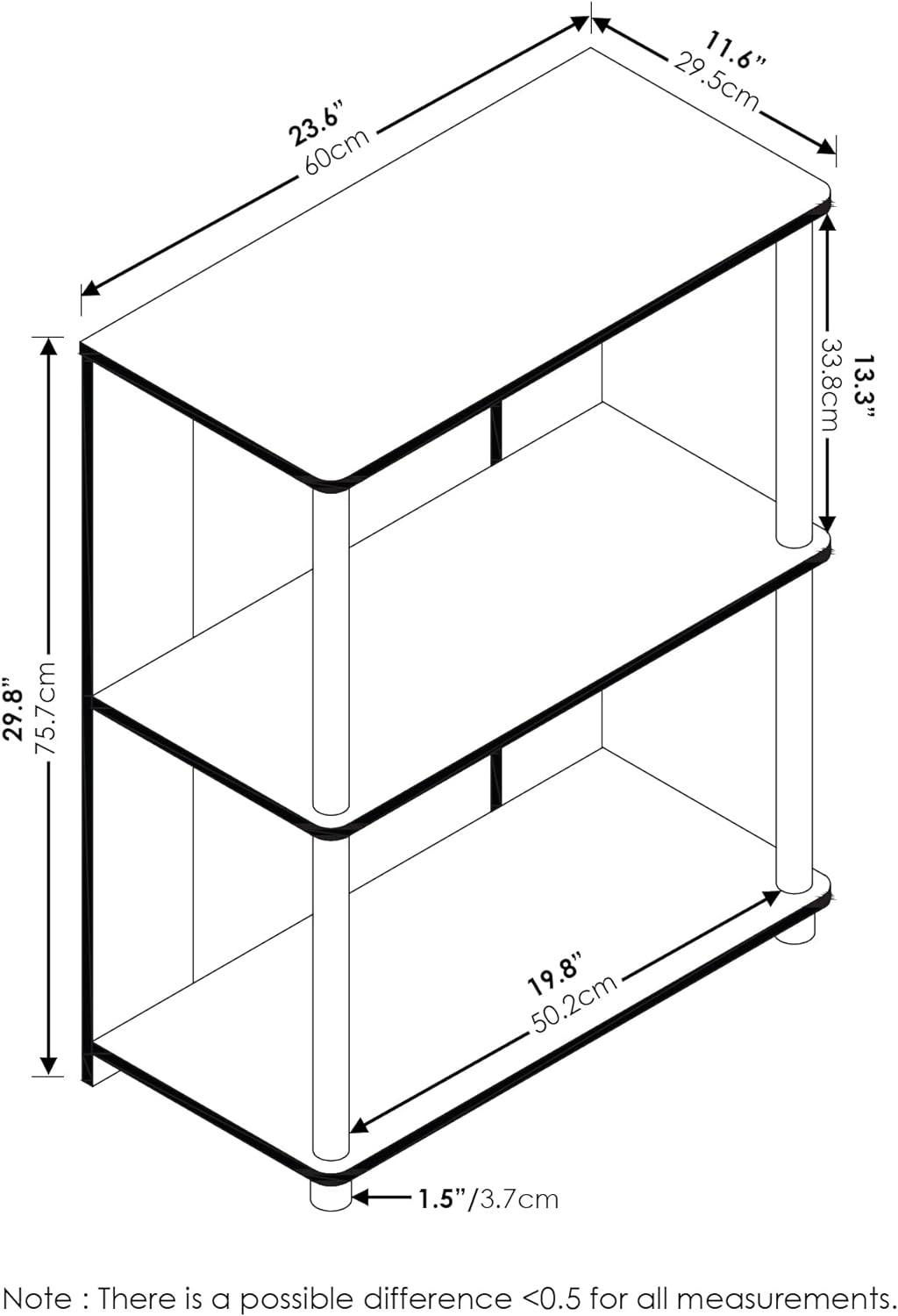 JAYA Simple Design 3-Tier Bookcase / Bookshelf / Display Rack, Plastic Tubes, Walnut
